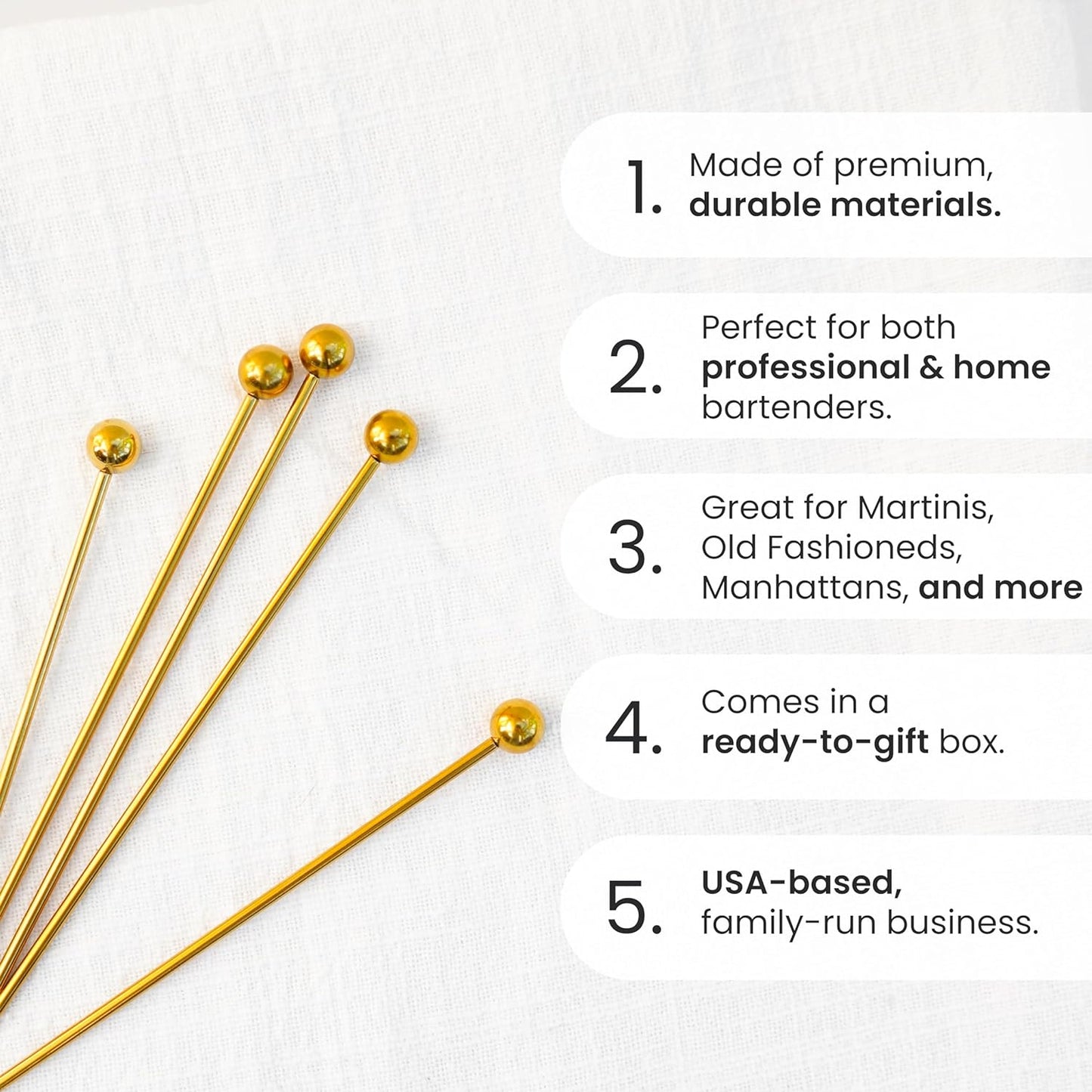 A Bar Above Gold Cocktail Picks, 8 Inch Long Reusable Garnish Skewers for Drinks and Appetizers, Metal Stir Sticks for Cocktails, Premium Bar Tools for Olives, Shrimp, Fruit, and Bloody Marys