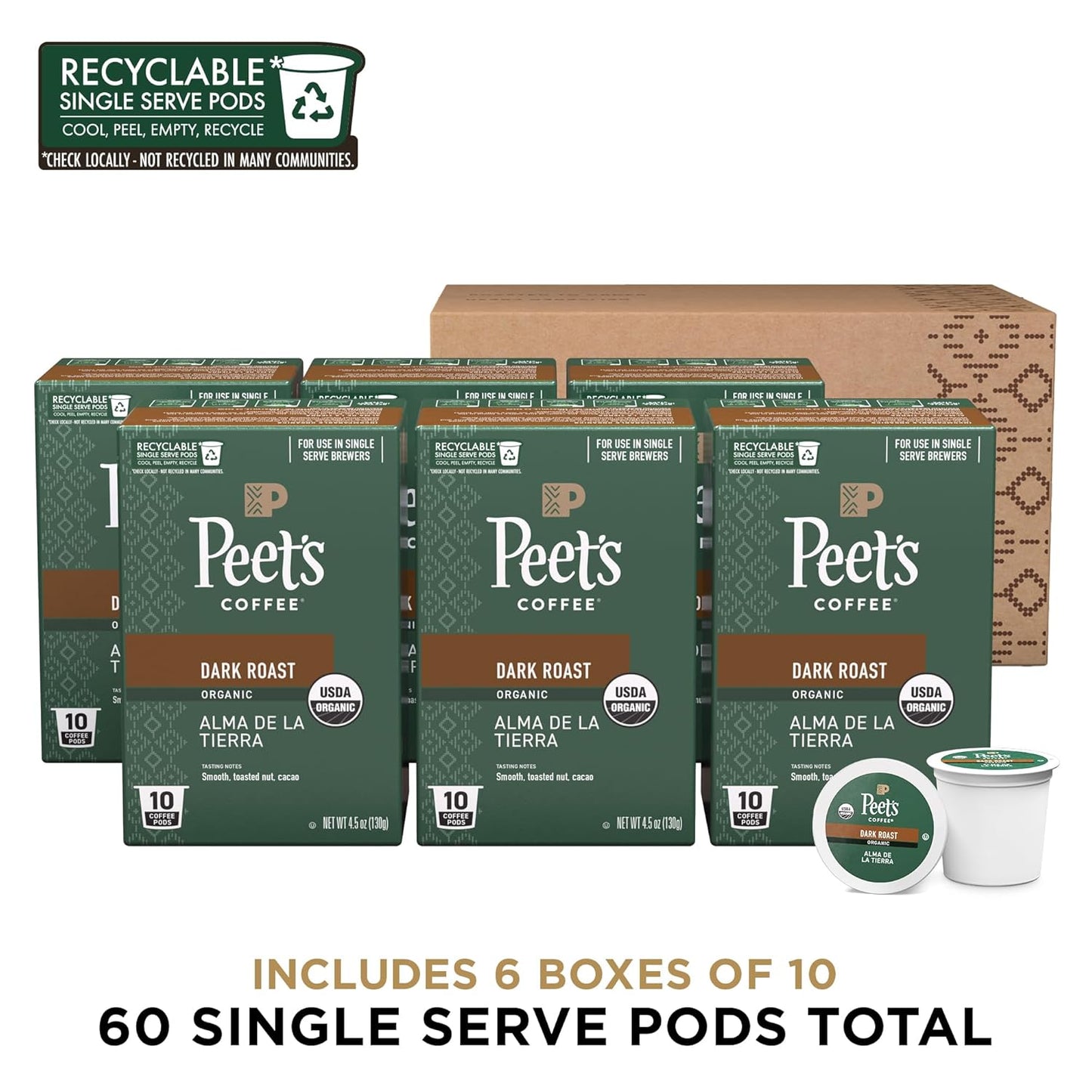 Peet's Coffee, USDA Organic Dark Roast Keurig K-Cup Pods - Alma de la Tierra 60 Count (6 Boxes of 10 K-Cup Pods)
