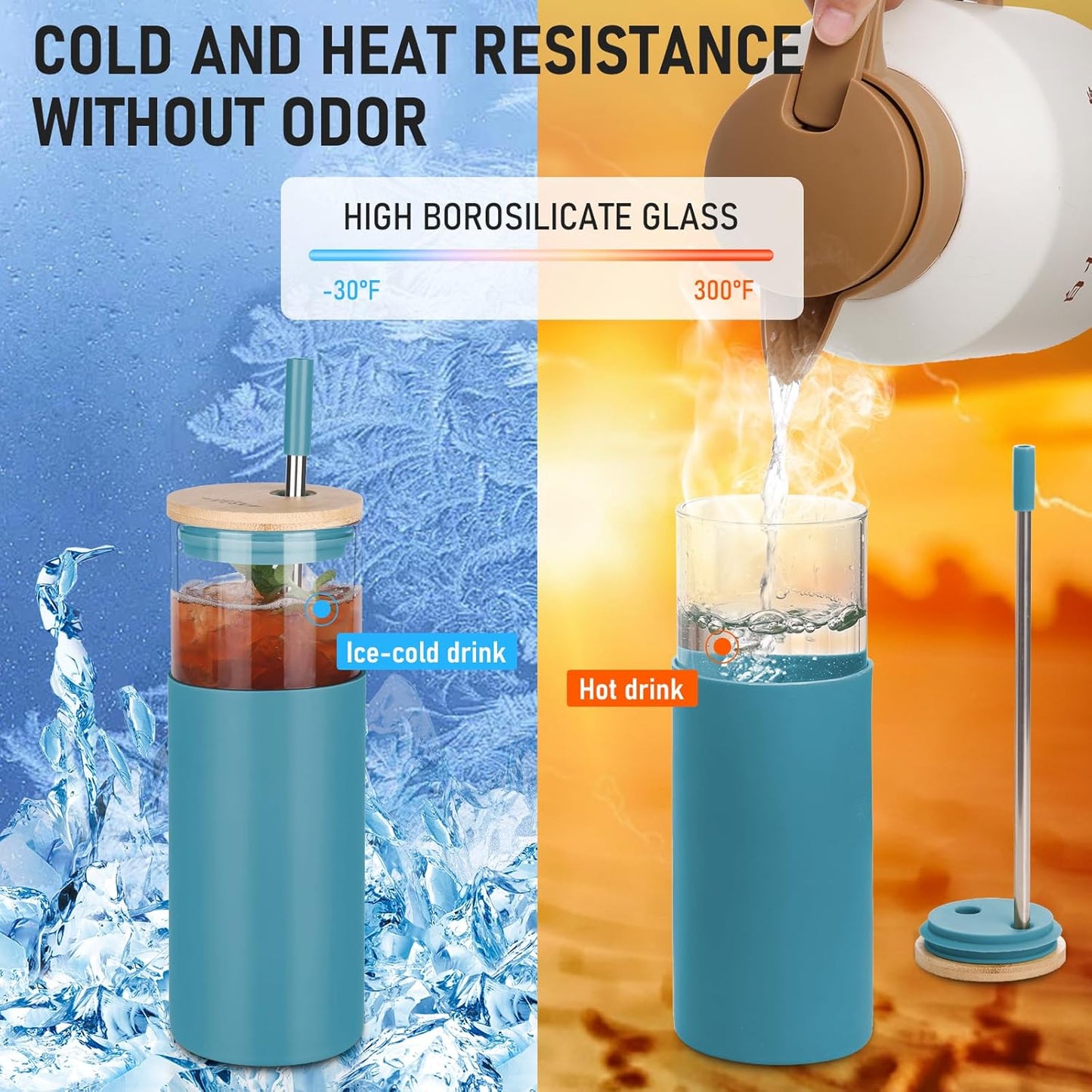 1Pack Glass Tumbler w/Lid & Straw - 24oz Reusable Glass Mug/Bamboo Lid & Stainless Steel Straw-BPA-Free, Leak-Proof, Dishwash Safe for Coffee, Smoothies, Hot Beverages, Travel, Office, Home Use