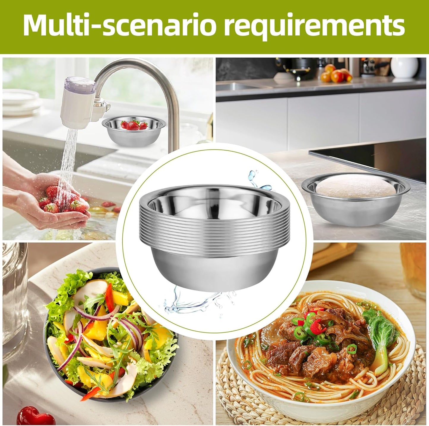 12 Pack 8.66 x 2.64 Inch Stainless Steel Mixing Bowls for Bulk Food Prep with Nesting Design for Hotel Restaurant and Home Kitchen Cooking in Silver