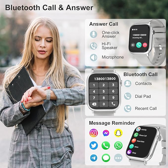 Smart Watch for Man Women Answer/Make Call, Fitness Watch with 120+ Sport Modes, IP67 Waterproof, Heart Rate/Sleep Tracker/Step Tracker/Blood Pressure Health Watch for Android iOS Phone (Silver)
