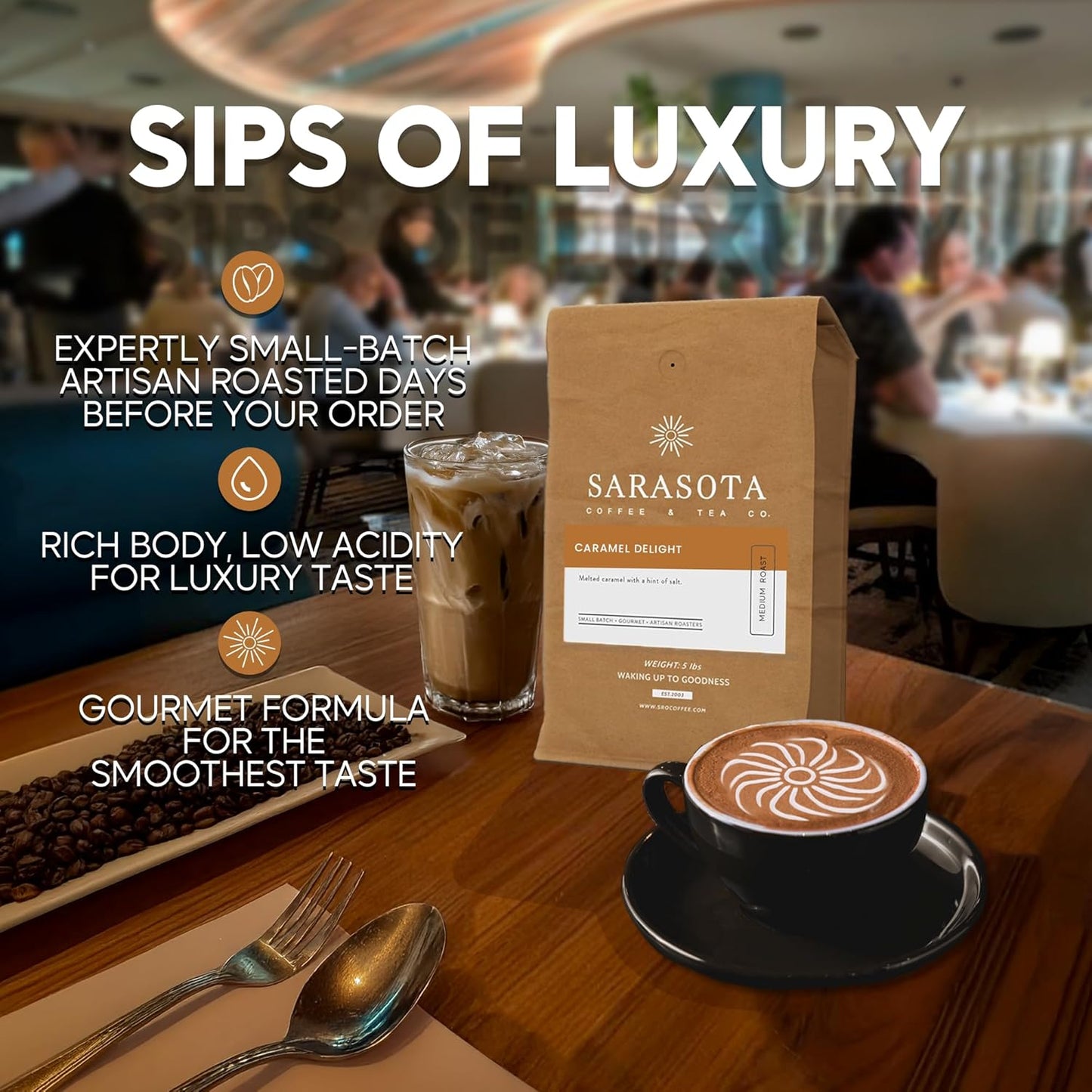 Sarasota Coffee Whole Bean Salted Caramel | Medium Roast Gourmet Flavored Coffee Beans | Low Acid, Mold Free, Specialty Grade Bulk Beans | 5lb (80 oz)