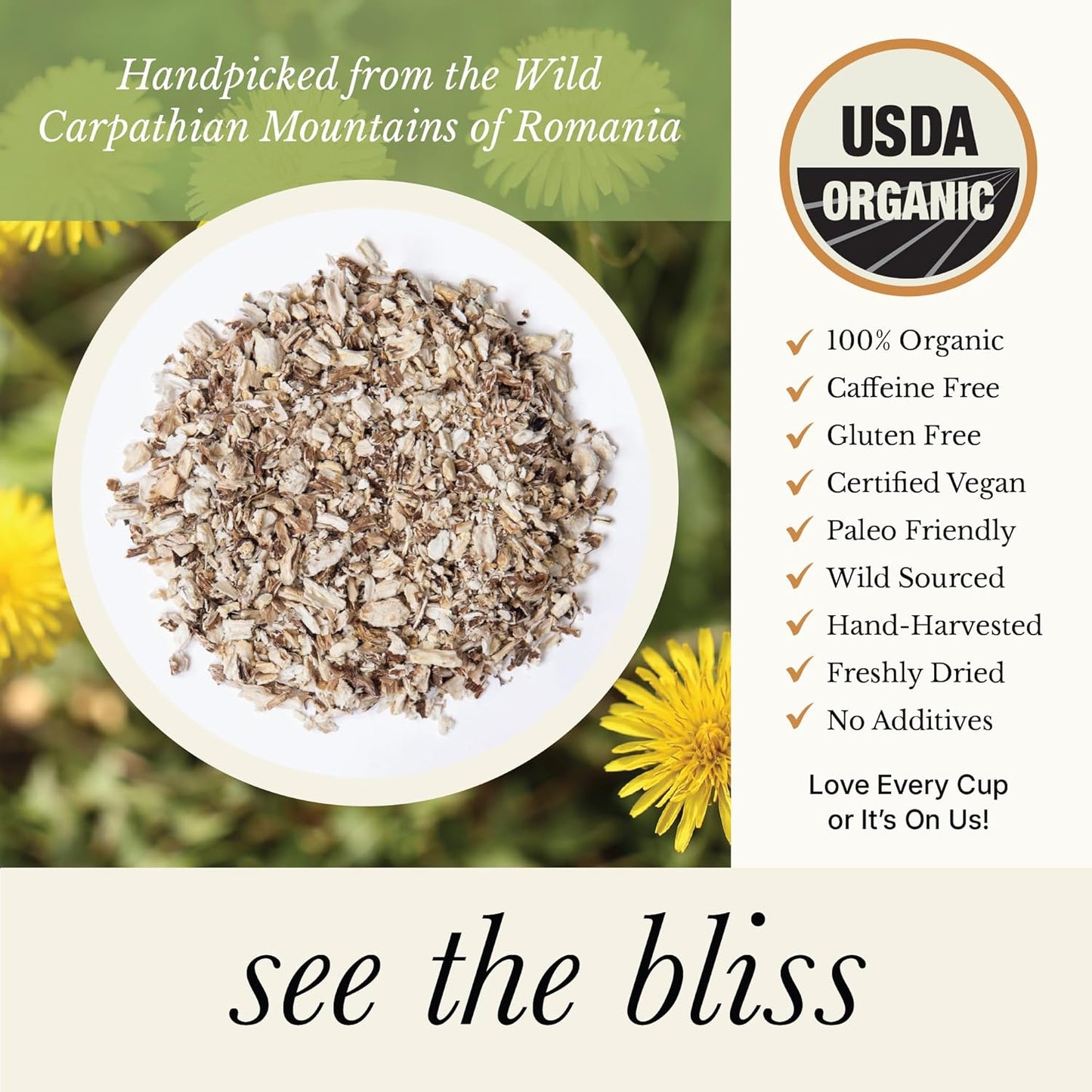 Wild Bliss Organic Wild Raw Dandelion Root Tea - Pharmacopoeia Quality Caffeine Free Herbal Detox Support - 75 Plant Based Tea Bags