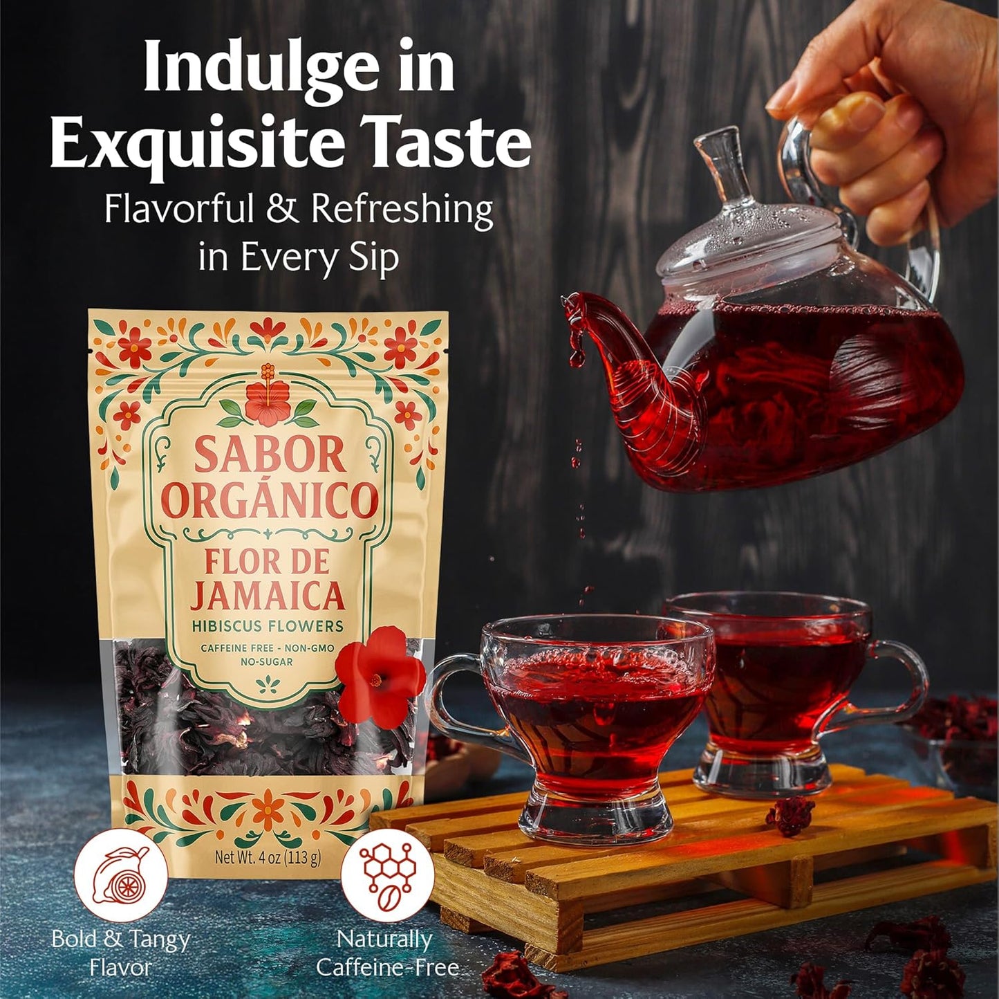 4oz Dried Hibiscus Flowers perfect for Tea and Mexican Agua de Jamaica | Flor de Jamaica Organica Natural | Flor de Jamaica Non-GMO, No Preservatives Resealable Stand-up pouches | by Sabor Orgánico