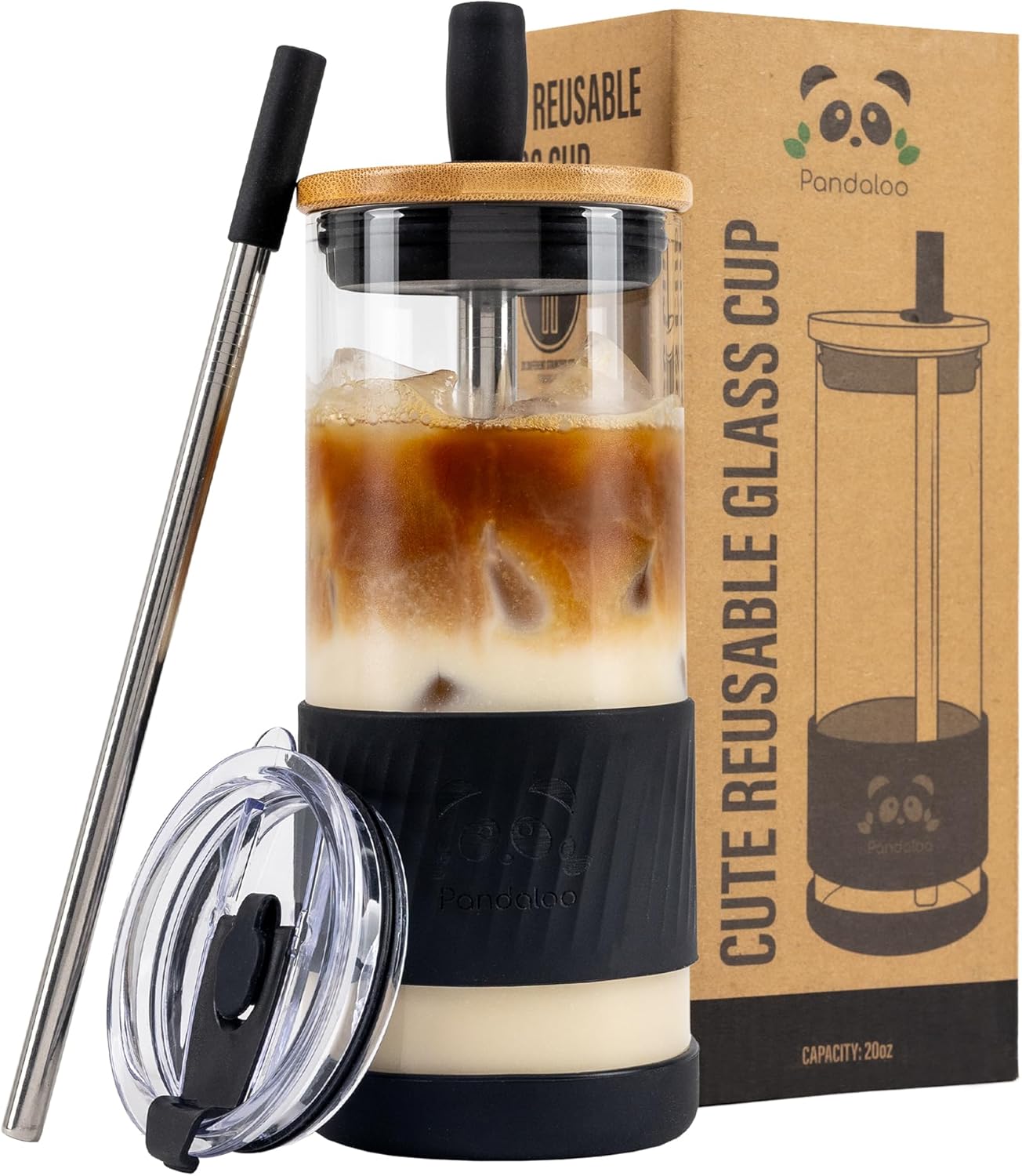 Pandaloo® Glass Cups With Lids and Straws -20 Fl Oz- Perfect Size Iced Coffee Cup - Smoothie Cup With Bamboo Lid and On the go Lid - Glass Tumbler With Straw (1 Count (Pack of 1), Black Saphir)