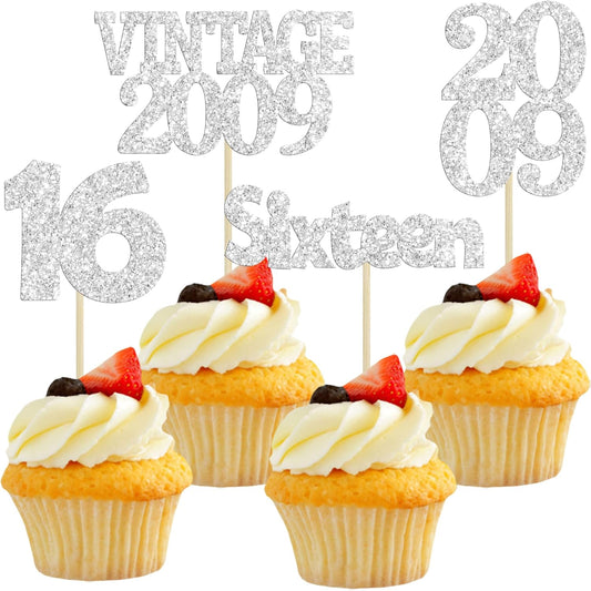 Gyufise 24Pcs 16th Birthday Cupcake Toppers Glitter Sixteen Vintage 2009 Hello 16 Years Birthday Cupcake Picks Sweet 16 Cake Decorations for Happy 16th Birthday Anniversary Party Supplies Silver