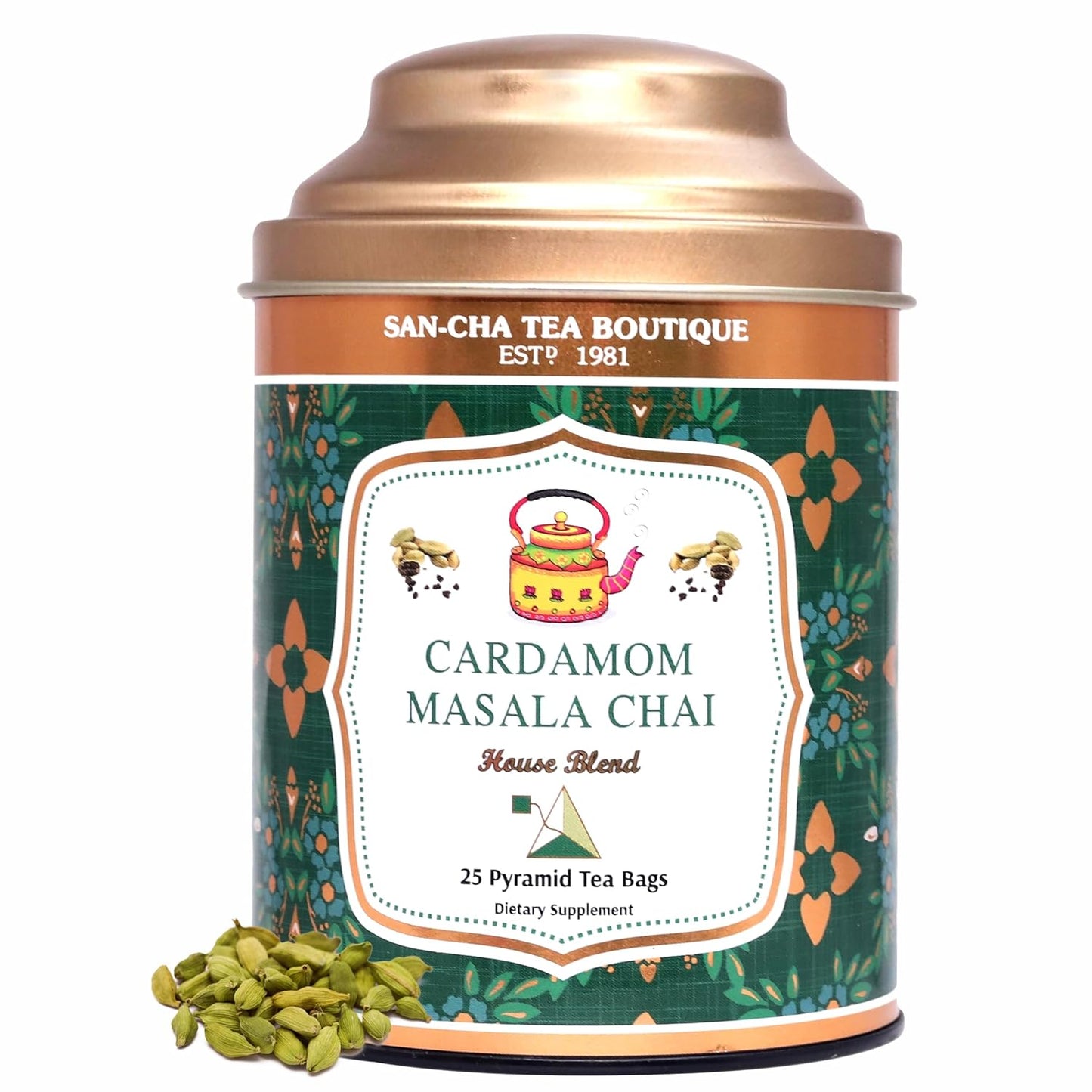 Sancha Tea Boutique, Cardamom Masala Chai, 25 Pyramid Tea Bags, Premium Assam Black Tea with Real Cardamom, Authentic Spiced Chai Latte, No Artificial Flavours