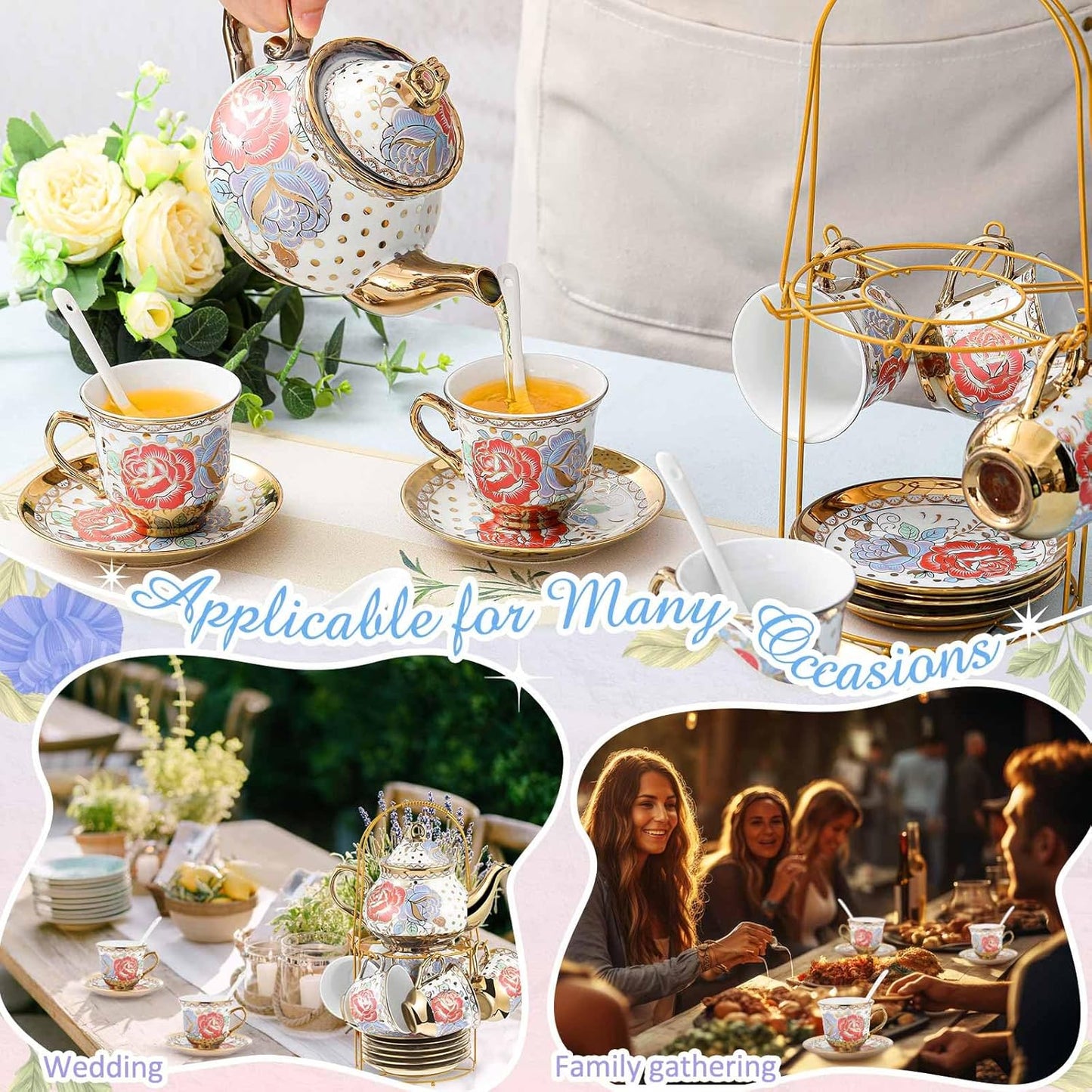 Zhehao 20 Pcs Porcelain Tea Set with Metal Holder and Spoon Adult Ceramic Tea Party Set European Flower Painting Teapot Cup Saucer Spoon Set for Women, Large Version(Romantic Style)