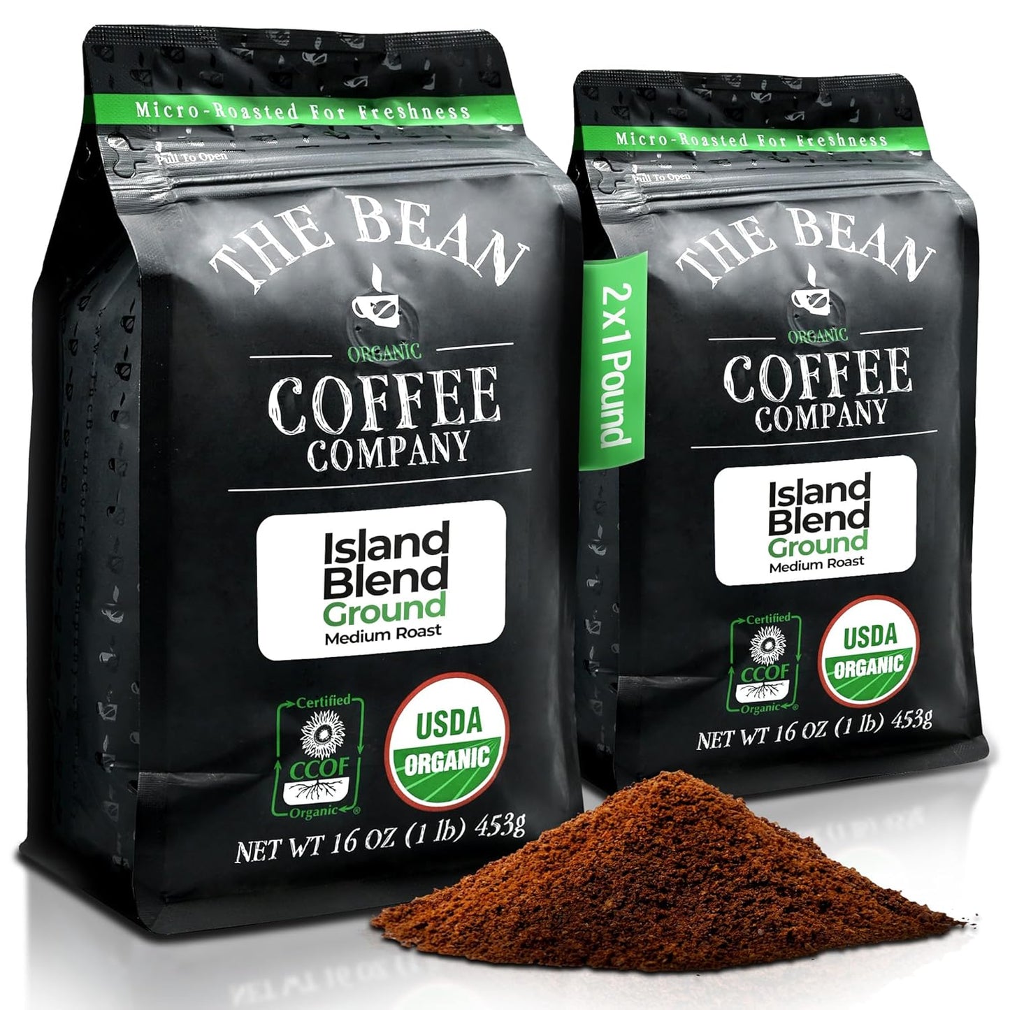 The Bean Organic Coffee Company Island Blend, Medium Roast, Ground Coffee, 16-Ounce Bags (Pack of 2), Café molido tostado orgánico