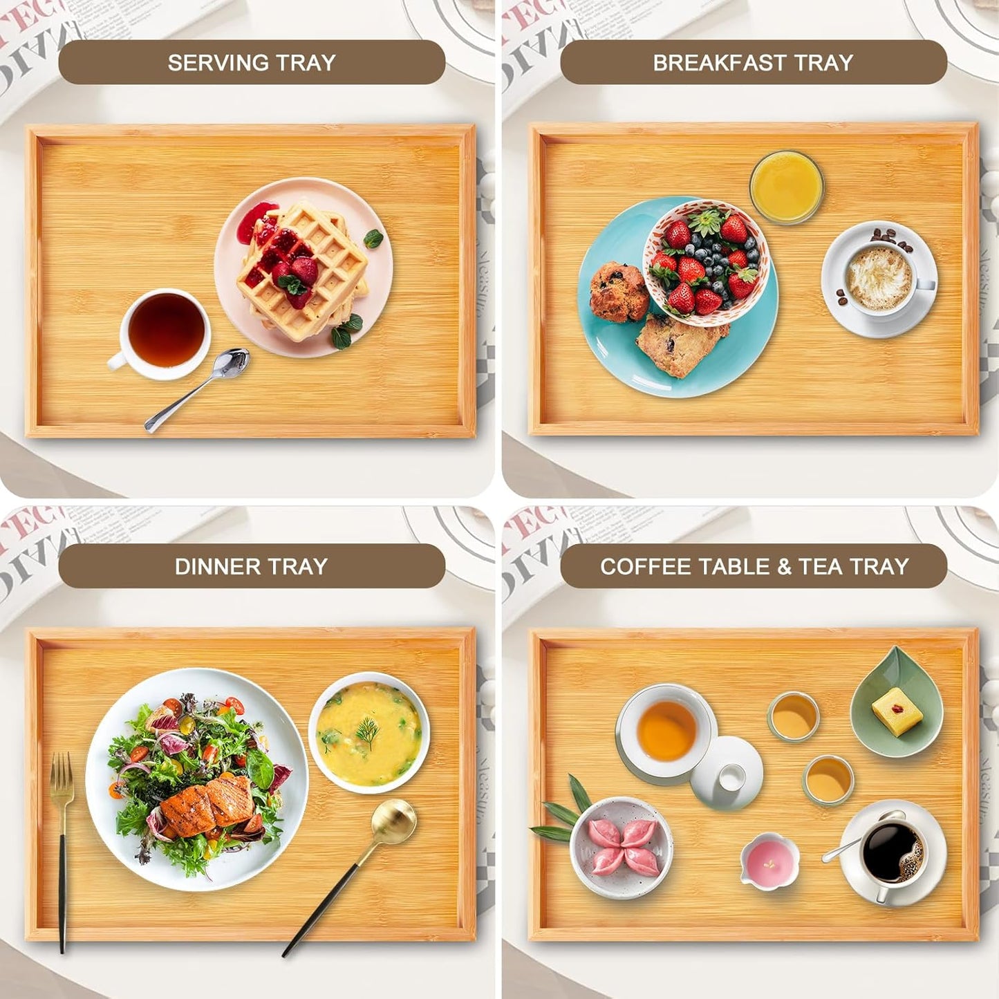 Wooden Serving Tray with Handles Bamboo Decorative Large Coffee Table Food Trays for Breakfast Dinner Restaurants Party or Home Decor Outdoor Scenarios 2 Packs