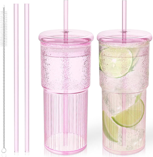 Glass Cups with Lids and Glass Straws, High Borosilicate 20OZ Pink Tumblers (2Pcs) for Coffee, Tea, Juice, Smoothies, Hot & Cold Drinks at Home/Office