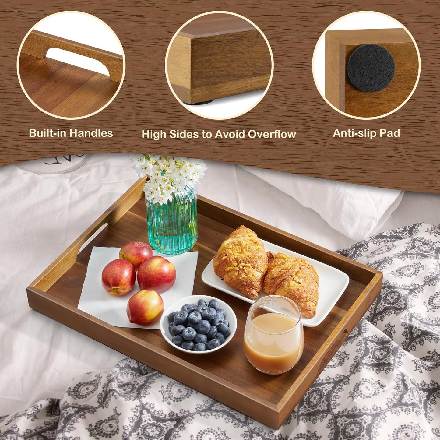 17 Inch Acacia Wood Serving Tray with Handles, Large Wooden Tray for Ottoman, Breakfast in Bed, Coffee Table, Dinner, Perfect for Living Room Bedroom Entryway and Kitchen
