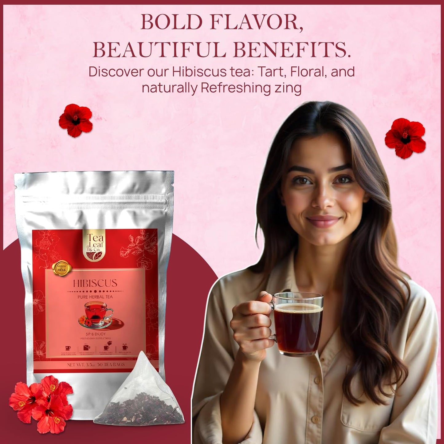 Tealeaf & Co. Hibiscus Tea with Hibiscus Flowers Extract - Pure Herbal Tea Bags Blended with Fresh Herbs - Flavored Herbal Blend - Low Caffeine - Gluten Free - 50 Teabags