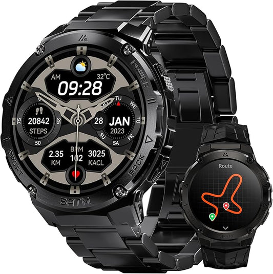 Smart Watches for Men GPS, Pressure,Altitude,Compass, 480mAh Extra-Large Battery, 50M Waterproof, Full Metal Body Rugged Smartwatch, Answer/Make Call,1.43" AMOLED Display(2 Bands)