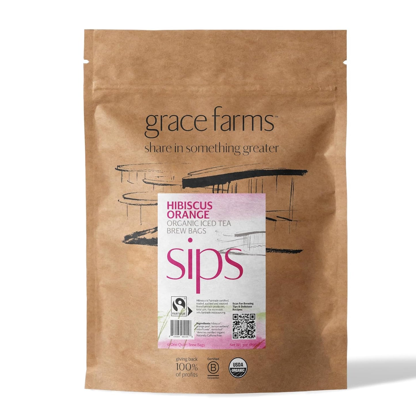 Grace Farms HIBISCUS ORANGE ORGANIC ICED TEA (Twelve 1qt. Brew Bags, 3 Gallons) | Refreshing, Tart and Vibrant, Naturally Sweet Sugar-Free | Easy Cold Brew