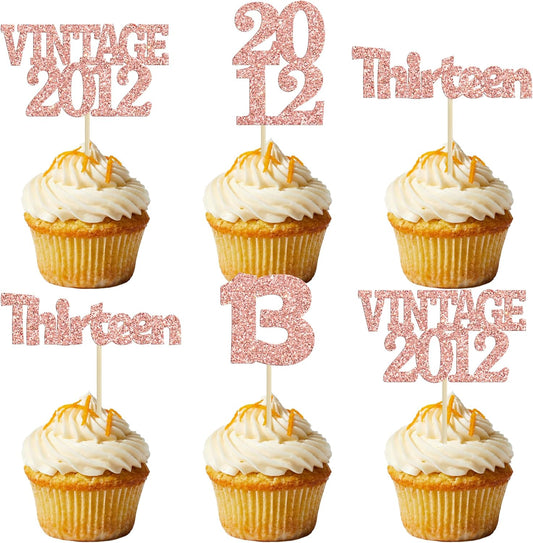 Gyufise 24Pcs 13th Birthday Cupcake Toppers Glitter Thirteen Vintage 2012 Hello 13 Years Birthday Cupcake Picks Official Teenager 13 Cake Decor for Happy 13th Anniversary Party Rose Gold