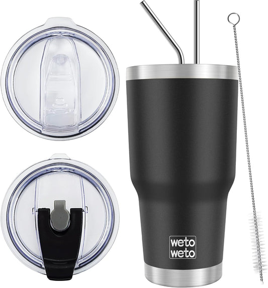 WETOWETO 30 oz Insulated Tumbler With 2 Lids and 2 Straws, Stainless Steel Double Vacuum Coffee Tumbler Cup, Powder Coated Travel Mug for Home, Office, Travel, Party (Black, 1 Pack)