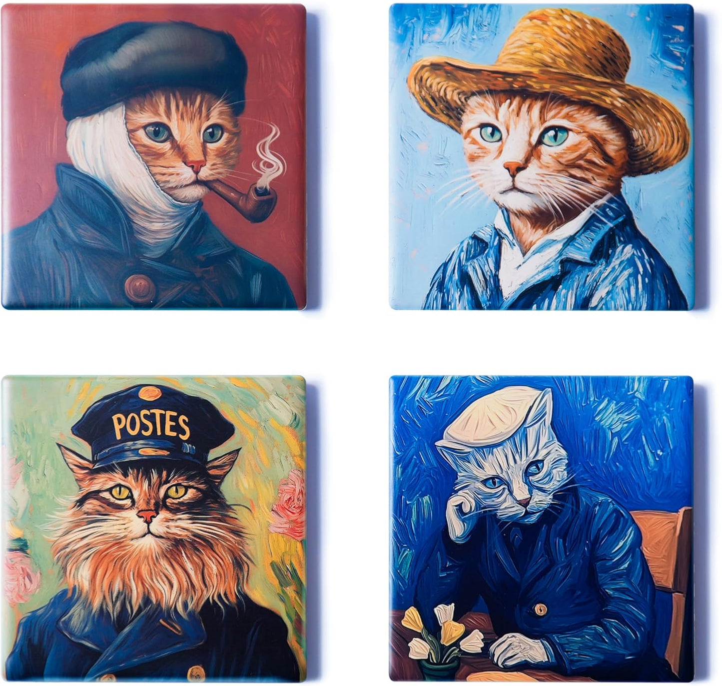 Ceramic Coasters Set of 4 – Square Drink Coasters with Cork Backing, 3.9x3.9 Inches – Decorative Printed Designs for Home, Office, or Gift Use (Starry Cats)