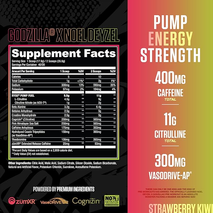 Ryse Godzilla X Noel Deyzel Pre Workout Powder - Strawberry Kiwi - 400mg Caffeine, High Stim Pre-Workout for Men & Women with Citrulline & Beta Alanine - Energy, Pump & Focus - 20/40 Servings