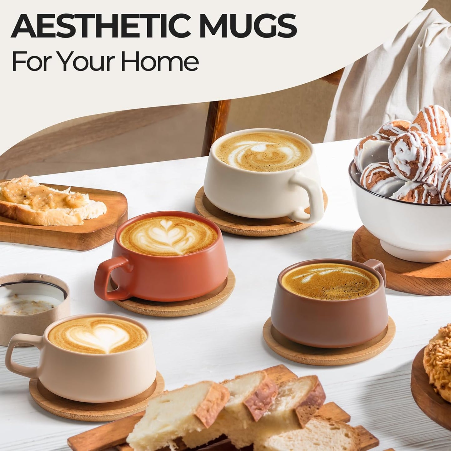 MIAMIO – 11 Oz., Set of 4 Ceramic Tea Cup and Saucer Bamboo/Tea Mug - Wide Cappuccino Cup, Coffee Cups Ceramic Mug for Cappuccino, Latte, Espresso & Americano - Luxe Collection (Beige Pastel)