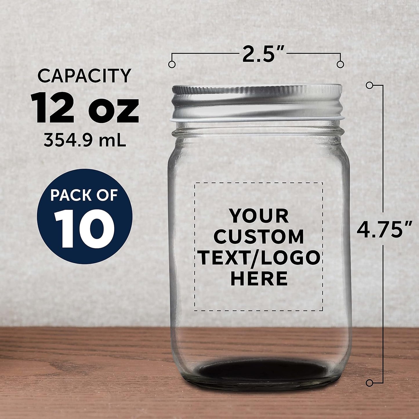 DISCOUNT PROMOS 10 Decorating Mason Jars Set, 12 oz. - Customizable Text, Logo - Canning, Aluminum Lid - Black