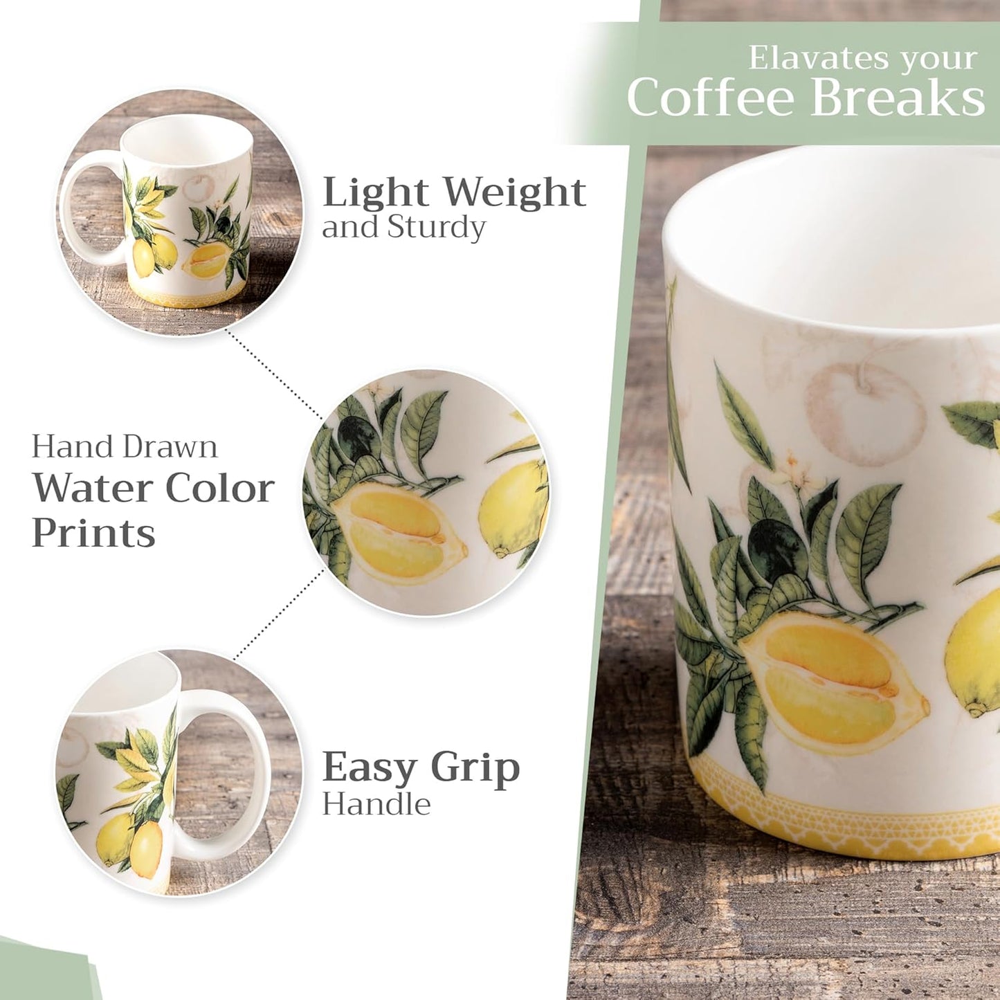 Maison d' Hermine Coffee Mug with Handles Fine Bone China Mugs Pack of One Tea Cups for Hot Beverages Cappuccino Latte Home Restaurant Office Perfect for Gift (Limoncello - Verna, 15 Ounce)