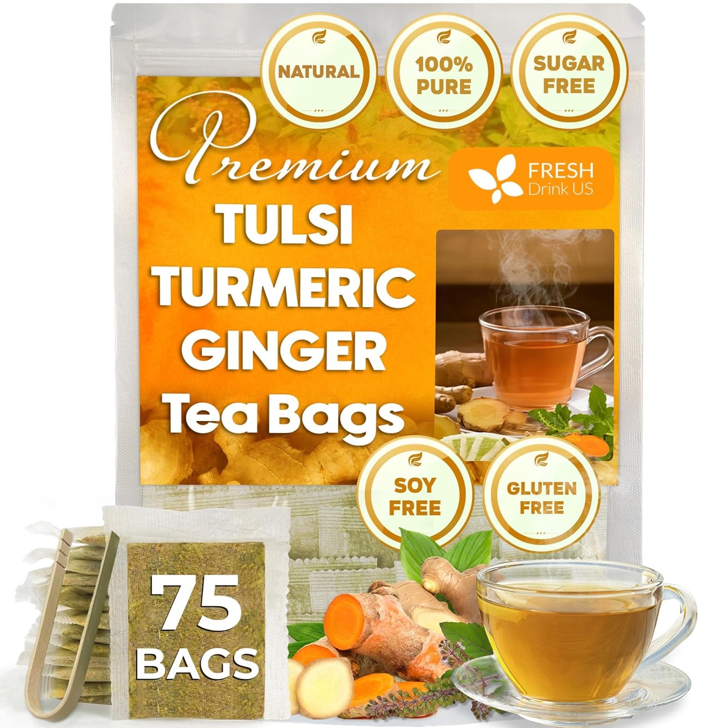 FreshDrinkUS, Premium 75 Tulsi Turmeric Ginger Tea Bags, 100% Natural & Pure from Tulsi Holy Basil Leaves, Turmeric and Ginger. Made with Natural Material Tea Bags. No Sugar, No Caffeine, Vegan.