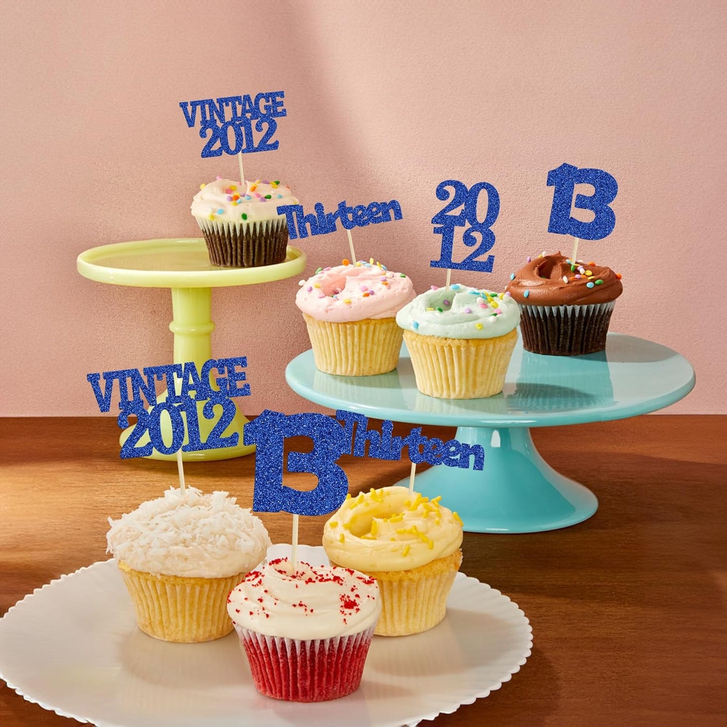 Gyufise 24Pcs 13th Birthday Cupcake Toppers Glitter Thirteen Vintage 2012 Official Teenager 13 Cupcake Picks Birthday Cake Decorations for Happy 13th Anniversary Party Supplies Deep Blue