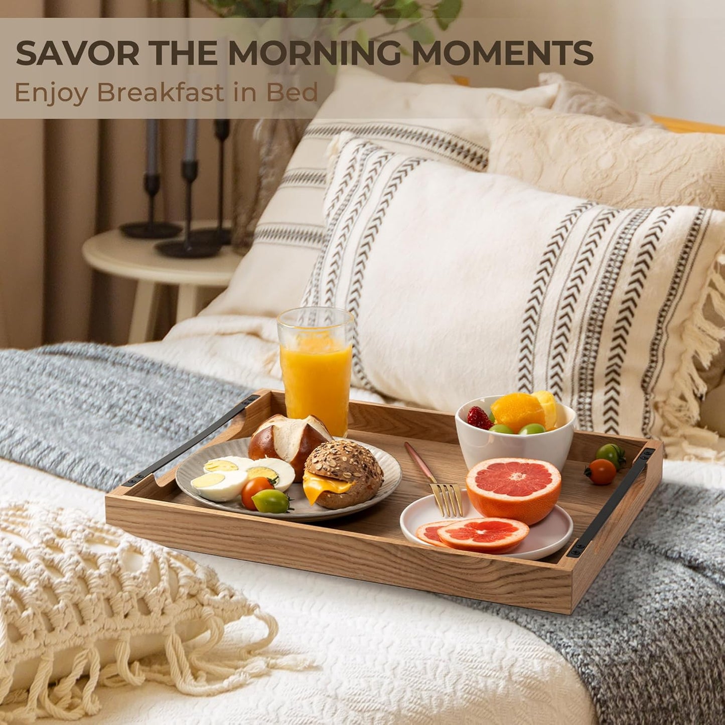 Axeman Wooden Serving Tray with Metal Handles|Ottoman Tray for Breakfast, Bed, Couch|17x13in Ash Wood Coffee Table Trays|Food Drinks Decorative Storage Boards for Ottoman Kitchen, Natural