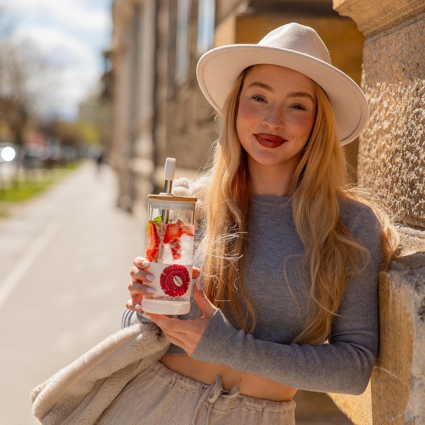Pandaloo® Glass Cups With Lids and Straws -20 Fl Oz- Perfect Size Iced Coffee Cup - Smoothie Cup With Bamboo Lid and On the go Lid (Ethnic chic-Fabulous Fez, 1 Count (Pack of 1))