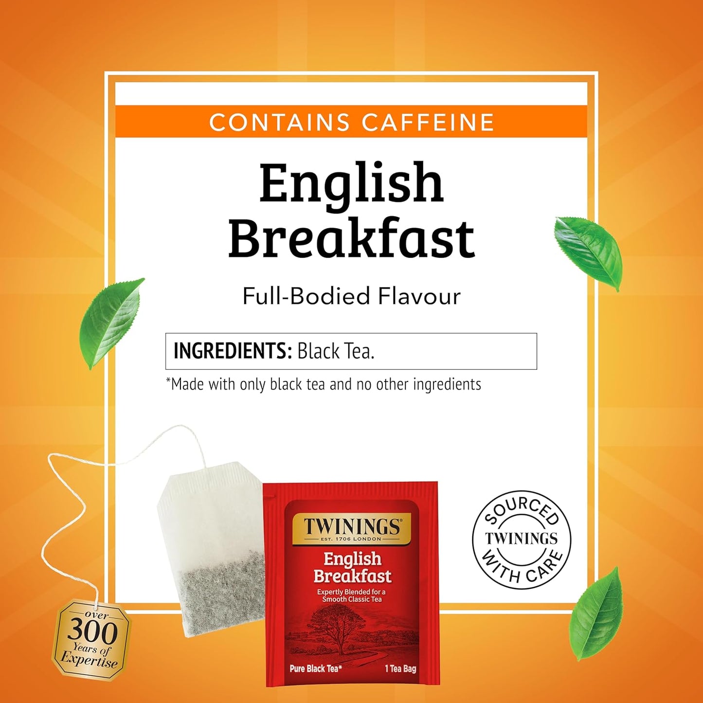 Twinings English Breakfast Black Tea Individually Wrapped Bags, 50 Count (Pack of 6), Flavourful, Robust, Caffeinated, Enjoy Hot or Iced, 300 Teabags