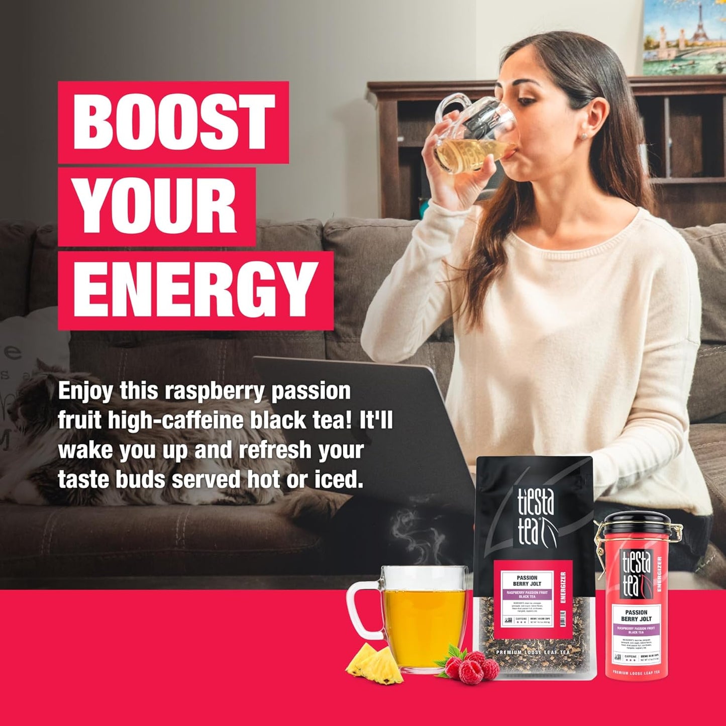 Tiesta Tea - Passion Berry Jolt, Loose Leaf, Raspberry Passion Fruit Black Tea, Premium High Caffeinated Black Blend, Make Hot or Iced, 16oz Bulk Pouch & 4oz Refillable Tin Combo