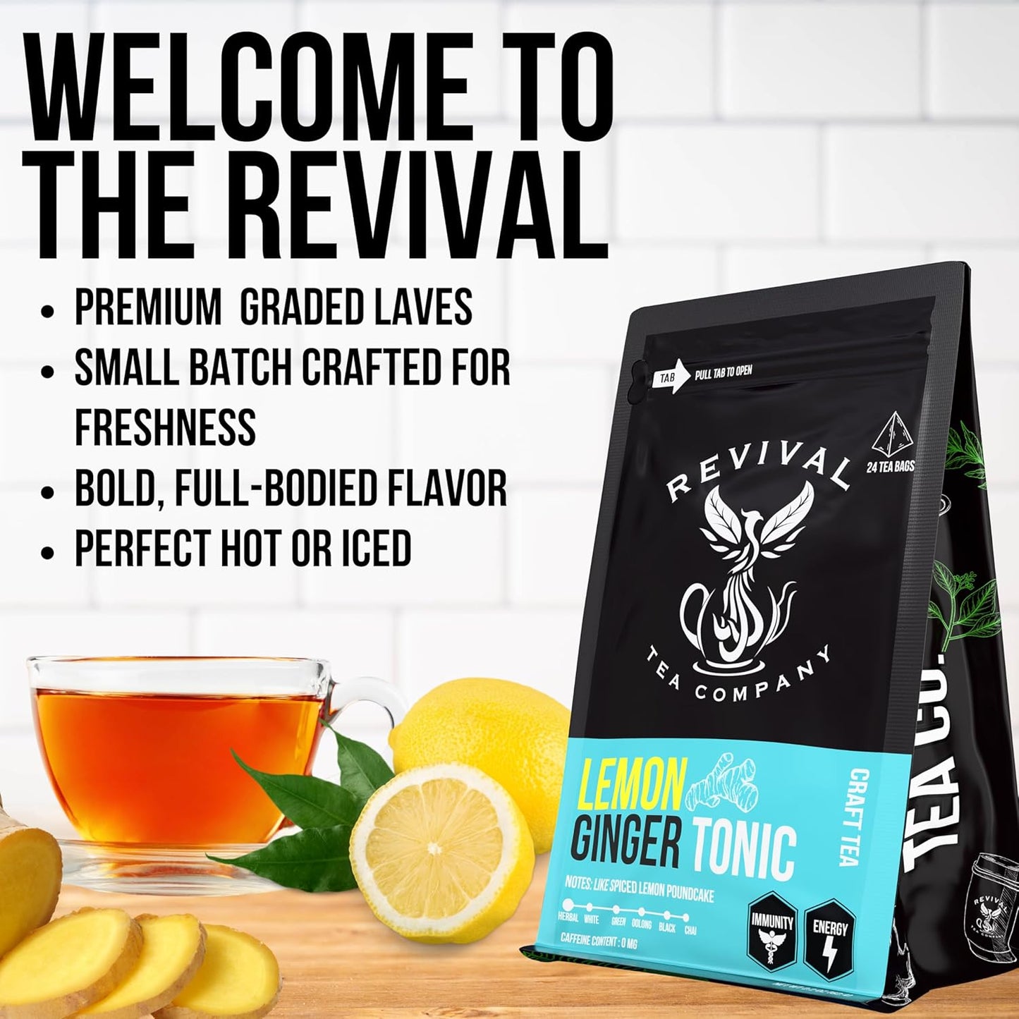 Revival Tea Company Lemon Ginger Tonic - Caffeine Free Herbal Tea Blend with Lemongrass and Ginger - 24 Tea Bags