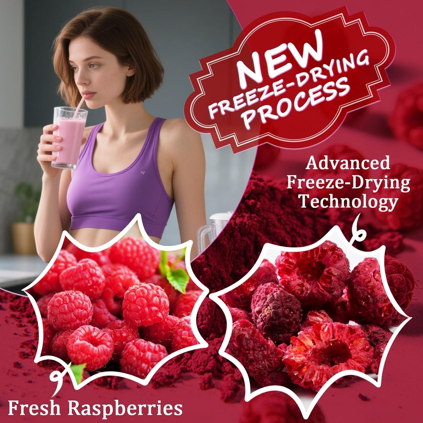 Raspberry Powder - 100% Natural Freeze Dried Raspberry Powder, No Additive Natural Food Coloring, Ideal for Baking, Smoothies, Beverages, Yogurt Bowls, Non-GMO, Vegan - 3oz