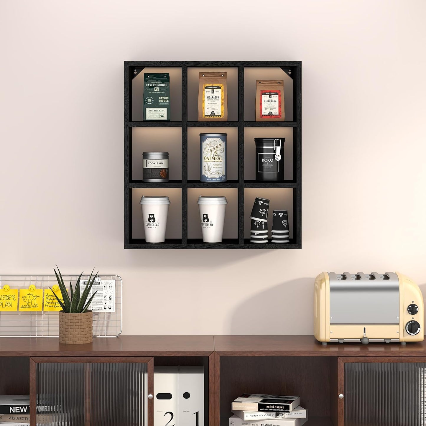 Helsin 9 Grid Vintage Coffee Mug Display Rack, 16inch Wall Mounted Wooden Curio Shadow Box Shelf, Cup Floating Shelves Display and Organizer (Black)