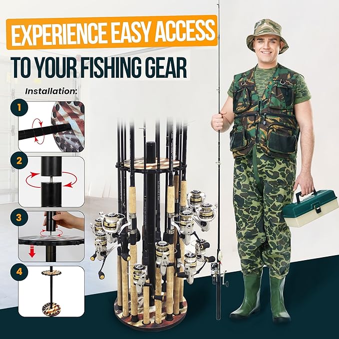 Rush Creek Creations | Round Fishing Rod Holder for 16 Freshwater Fishing Poles, Fishing Gear, and Fishing Accessories | Fishing Rod Rack with 16 Fishing Rod Clips for Garage Organization