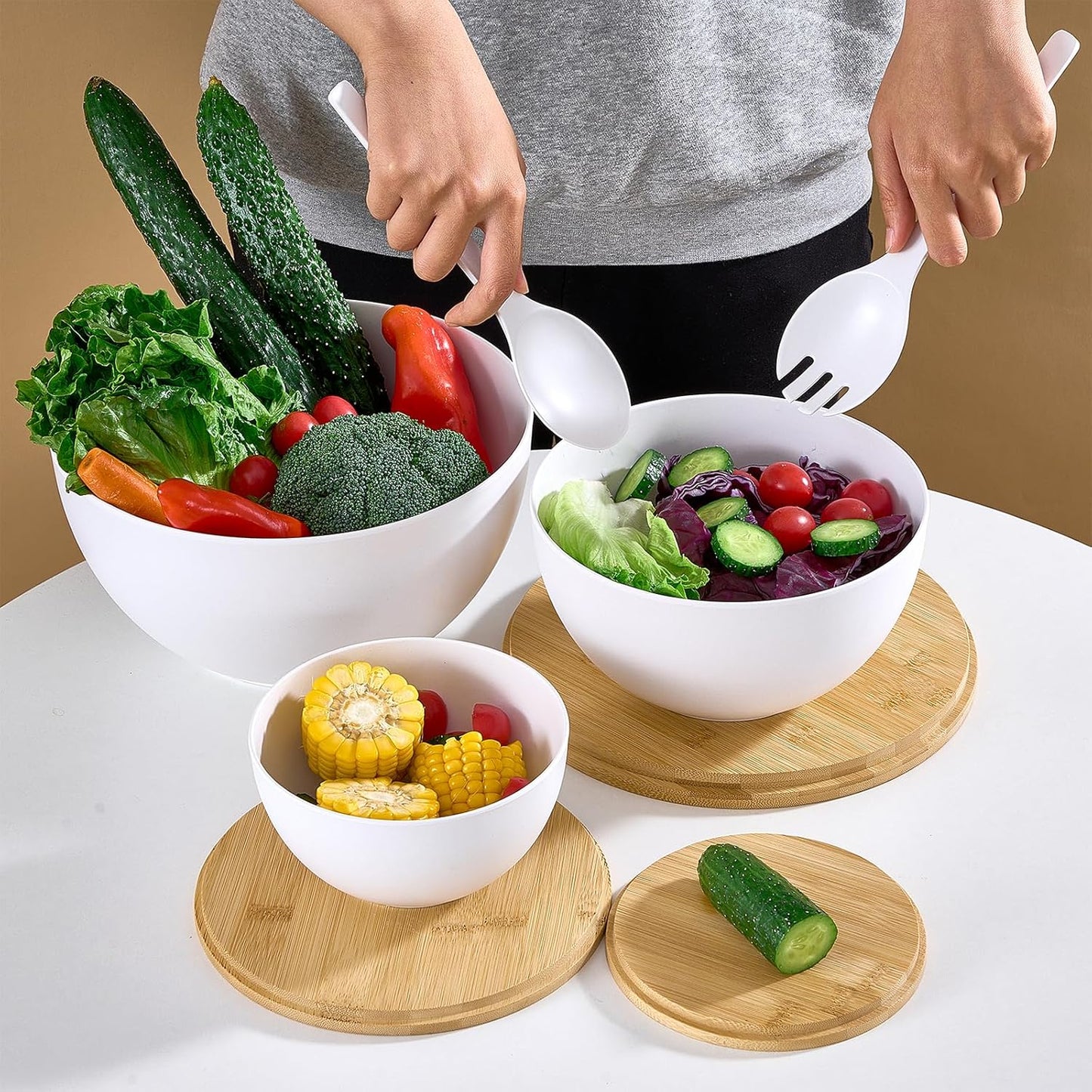 Large Salad Bowls with Bamboo Lids Set of 3, Mixing Nesting Bowls Round Serving Bowls with Servers for Salads, Kitchen Eating, Pastas, Popcorn, Chips, Trifle, Fruit, Food Prepare (White,10",8",6" )