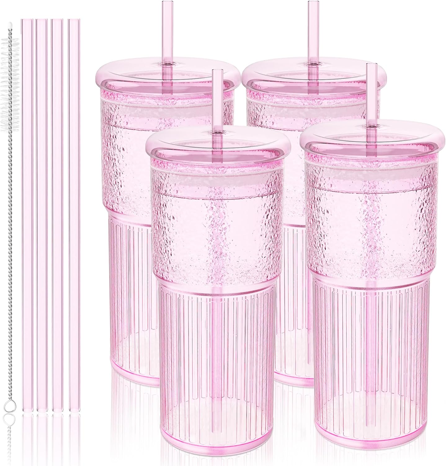 20oz Glass Cups with Lids and Straws - Set of 4 Reusable Tumblers, Thickened Shatter-Resistant Glass, Ideal for Iced Coffee, Smoothies, Cocktails, Juices - Elegant & Durable Drinkware (Pink)