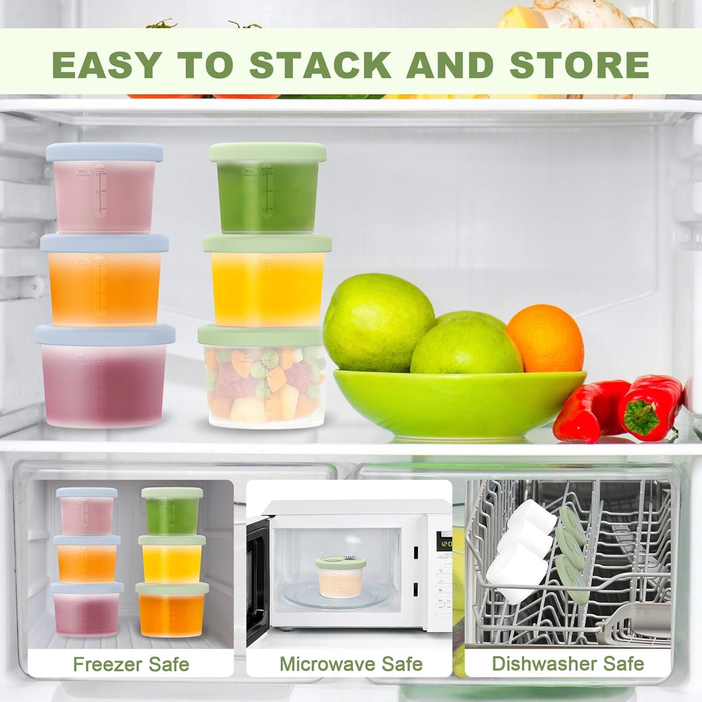 Silicone Baby Food Containers with Date-Tracking Lids, 6-Pack Reusable Snack Containers Food Storage Jars for Infants, Microwave, Dishwasher & Freezer Safe, 3 Sizes