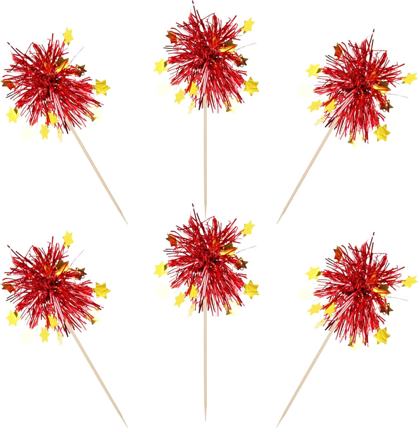 30 PCS Foil Firework Cupcake Toppers Happy Birthday Star Cupcake Picks Sparkle Tinsel Drink Stirrers Cocktail Fruit Toothpicks for Valentine's Day Wedding Birthday Party Decorations Supplies Red