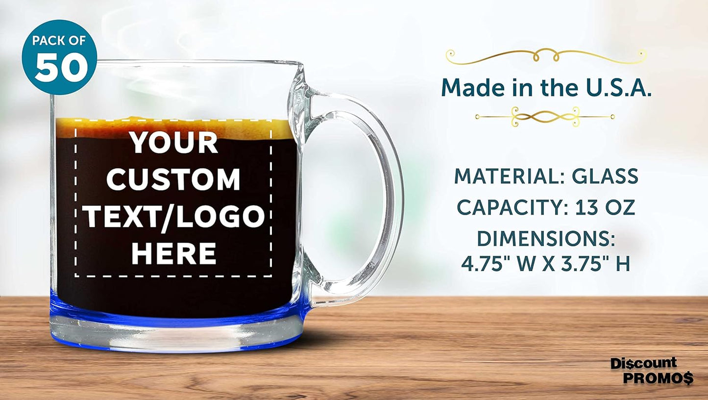 Custom Libbey Clear Glass Coffee Mugs 13 oz. Set of 50, Personalized Bulk Pack - Perfect for Coffee, Tea, Espresso, Hot Cocoa, Other Beverages - Blue Bottom