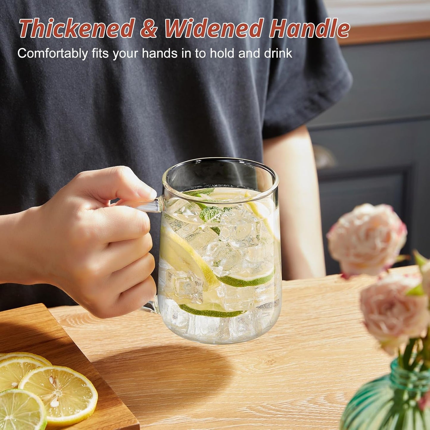 Glass Coffee Mugs, 16 oz Glass Coffee Cups with Acacia Wood Lids, Clear Borosilicate Glass Mugs with Handles for Cappuccino, Tea, Latte, Hot/Cold Beverages, Wine, Americano, Set of 2