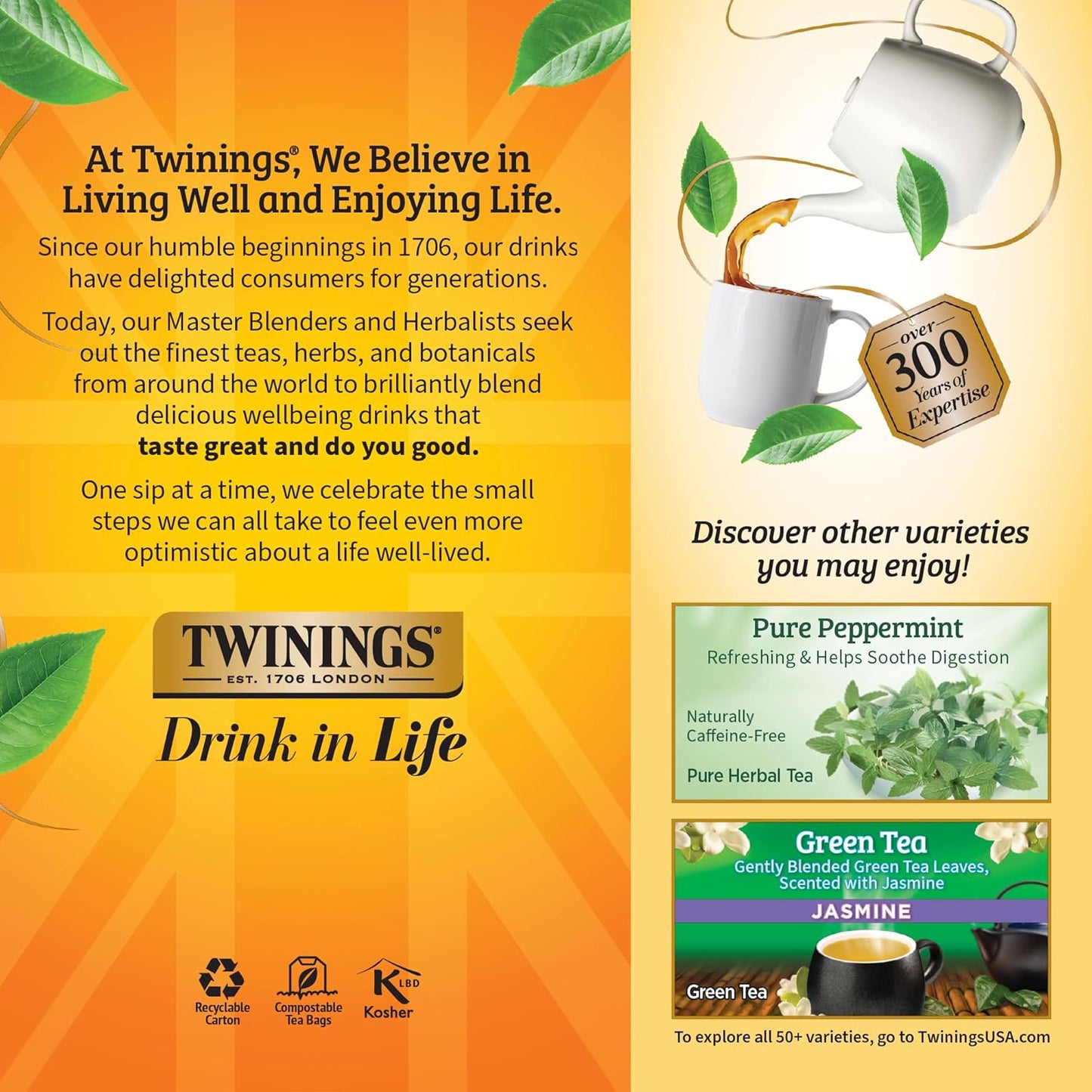Twinings Lemon & Ginger Herbal Tea Individually Wrapped Bags, 25 Count (Pack of 6), Spicy Ginger, Lemon Peel, & Lemongrass, Naturally Caffeine-Free, Enjoy Hot or Iced, 150 Teabags