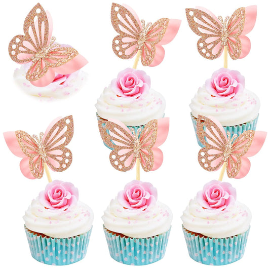 Chinco 48 Pcs Butterfly Cupcake Toppers Assembled Double Layer Cupcake Topper 3D Glitter Cake Topper Butterfly Cocktail Pick Decoration for Baby Shower Birthday Wedding(Pink,Classic Style)