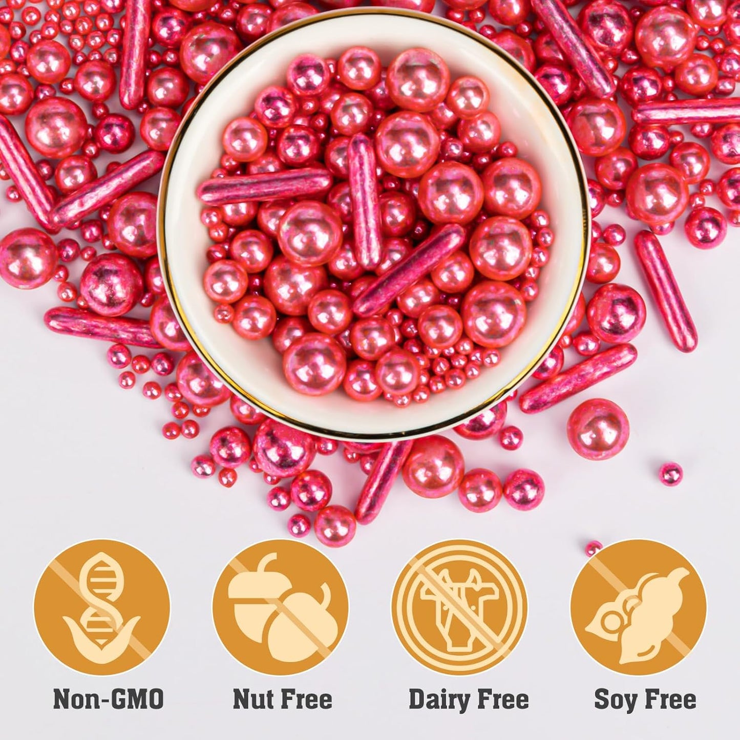 Twisweet Rose Gold Pearl Rods Sprinkles, Edible Sugar Pearls for Cake Decorating, Mix Size Baking Candy, Cake Topper Cupcake Cookie Ice Cream Dessert Decorations, Valentine Mother's Day Birthday Wedding Party Supplies(130g/4.58oz)