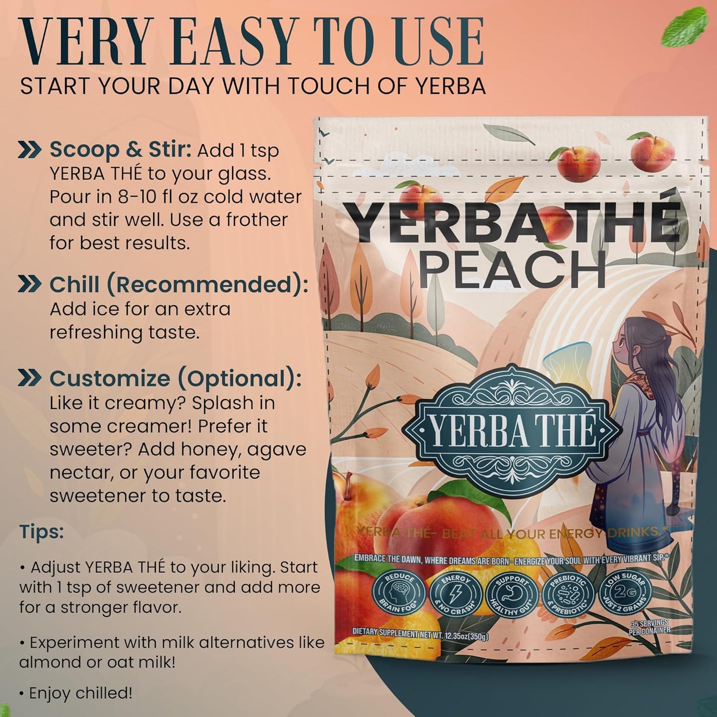 Ancient Diosa - Yerba Mate Tea Powder 350g, 35-Servings - Peach Flavor Clean Energy Drink Superfood - Support Gut Health with Probiotics and Prebiotics, Reduce Brain Fog, Relaxation and Focus Blend