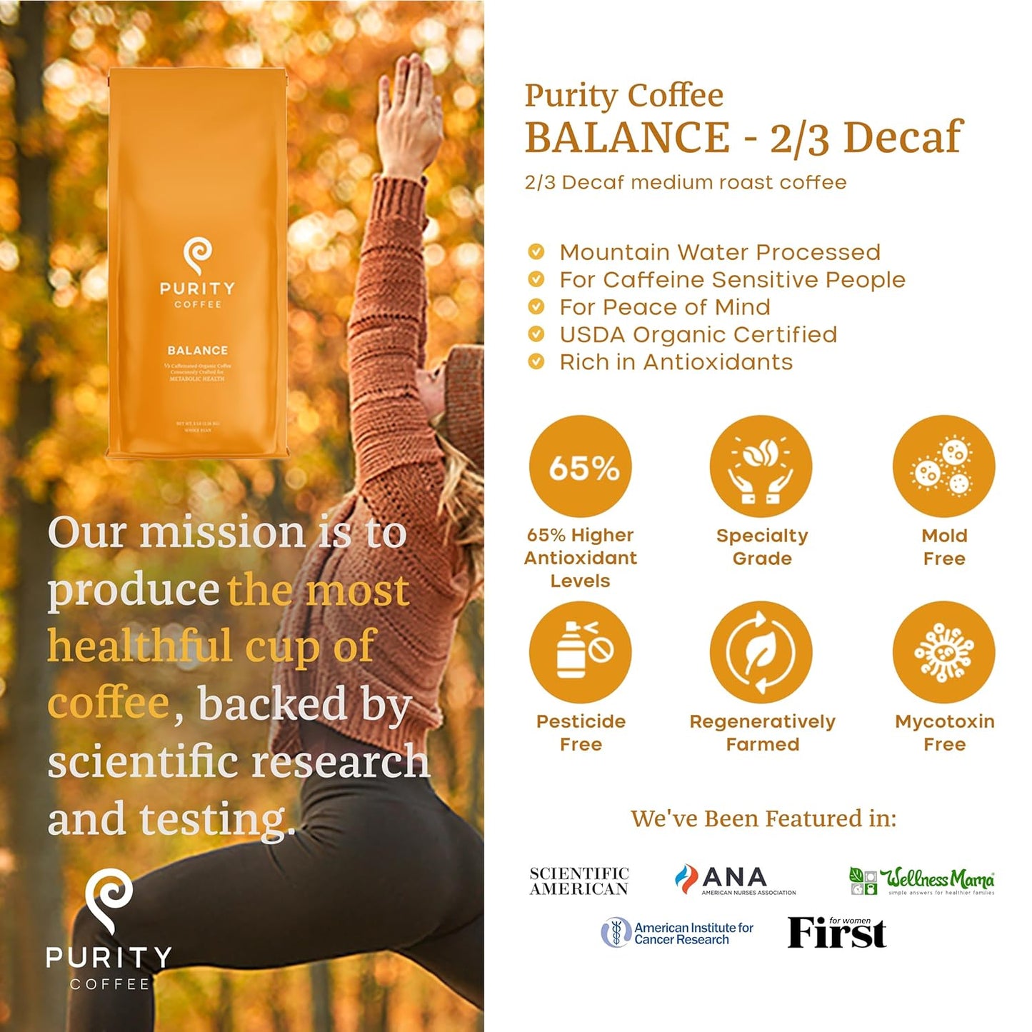 Purity Coffee BALANCE 2/3 Decaf Medium Roast Ground Coffee (12oz Bag) - Specialty-Grade Mountain Water Processed Decaf + Regular Arabica Blend- USDA Certified Organic Decaffeinated - Third Party Tested for Mold, Mycotoxins, Pesticide Residue