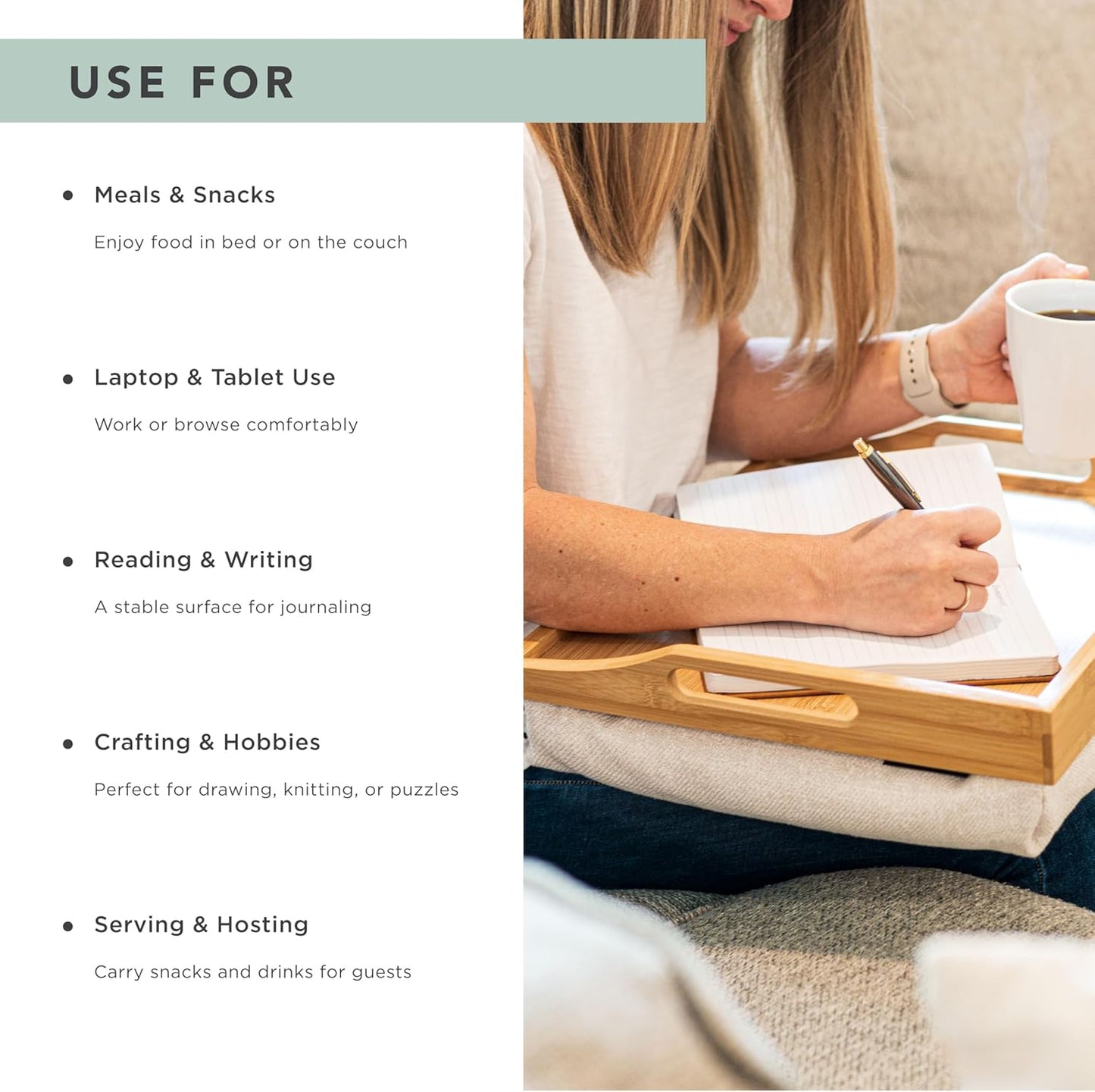 ROSSIE HOME Bamboo Wood Bed Tray, Lap Desk with Detachable Cushion, Serving Tray - Natural - Fits up to 15.6 Inch Laptops - Style No. 76107