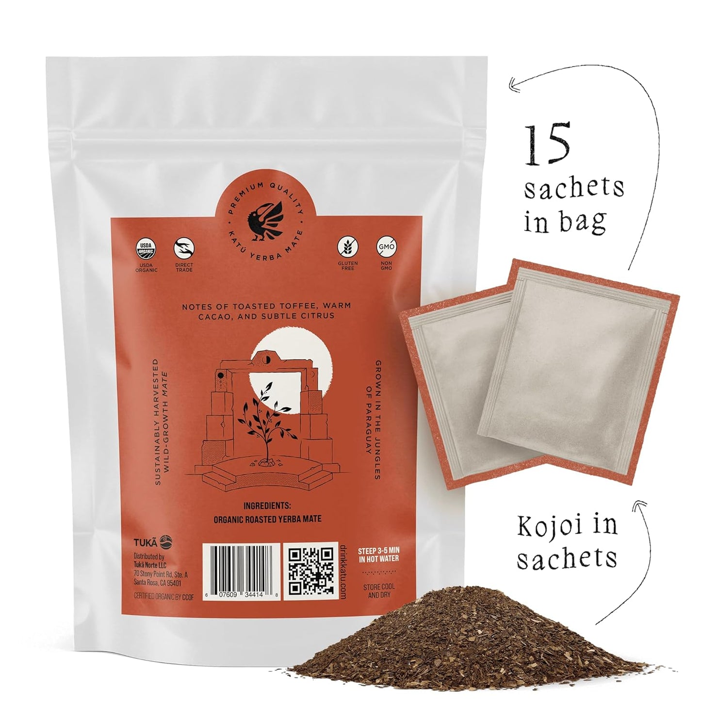 Katú Kojoi Tea Bags - Premium USDA Organic Yerba Mate Tea, Slow Roasted, Unsmoked, Air Dried, Loose-Leaf, Aged, Natural Energy - 15 Count
