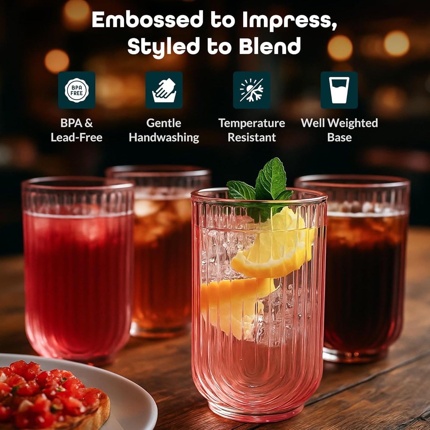 Glaver's Vintage Glassware Art Deco Highball Glasses Set of 4 Blush Ribbed Drinking Glasses 17 Oz U-Shape Arch Design Colored Cocktail Kitchen Tumblers Everyday Dinner Decorative Party, Pink